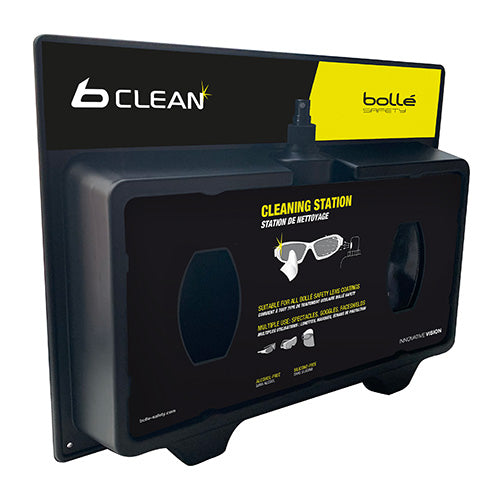 Bolle Dispenser Cleaning Station featuring a sleek black and yellow design, includes a 500ml lens cleaner and two packs of 200 multifunction dry tissues for effective glasses and goggles cleaning.