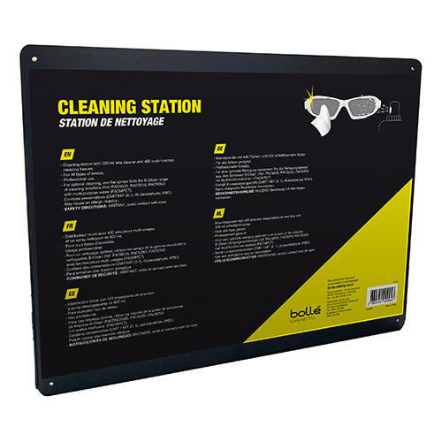Bolle Dispenser Cleaning Station featuring a 500ml lens cleaner and 200 multi-function dry cleaning tissues, ideal for maintaining eyewear clarity and protection.