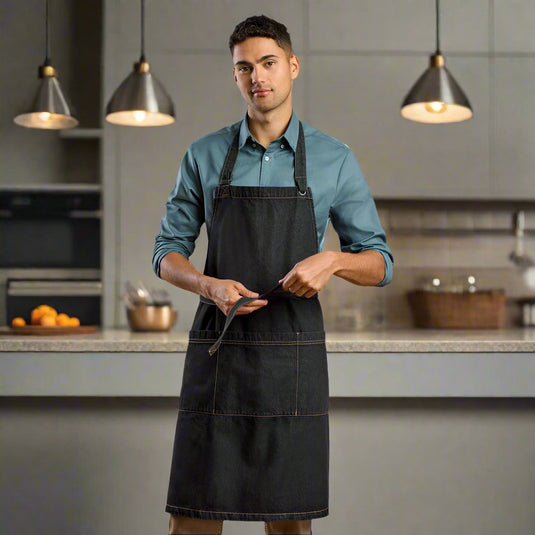 Biz Clout Apron: A stylish, heavy-weight stonewashed denim apron with adjustable neck strap, wide waist pocket, and D-ring, ideal for various industries, embodying practicality and a relaxed modern vibe.