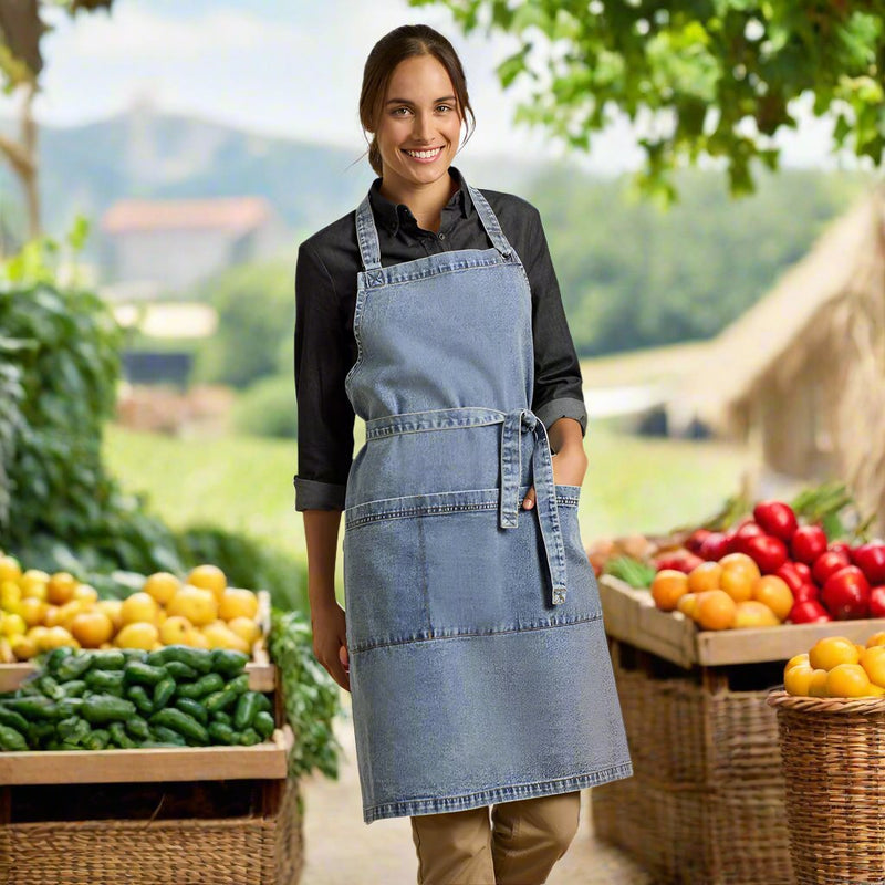 Load image into Gallery viewer, Biz Clout Apron with adjustable neck strap and antique silver buckle, featuring a wide front waist pocket with splits and D-ring, crafted from heavy-weight, stonewashed cotton denim for a stylish, modern look.