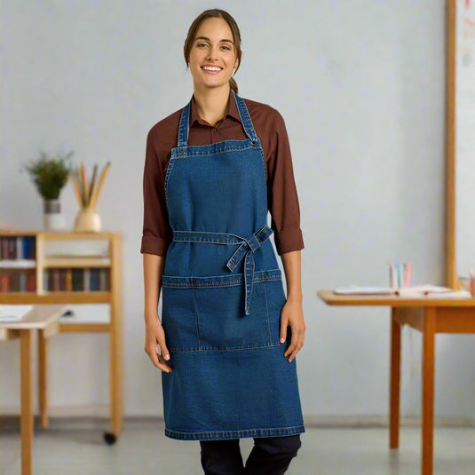 Biz Clout Apron: A practical, stylish stonewashed denim apron with an adjustable neck strap, wide front pocket, and D-ring, perfect for various industries and enhancing workplace functionality.