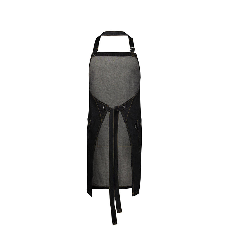 Load image into Gallery viewer, Biz Clout Apron: Modern stonewashed denim apron with adjustable neck strap, antique silver buckle, wide front pocket with D-ring, and self-fabric ties, ideal for versatile industry use.