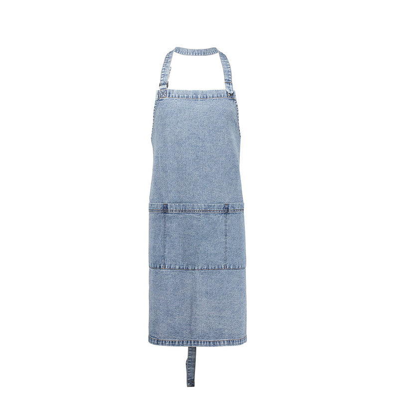 Load image into Gallery viewer, Biz Clout Apron showcasing a stylish, washed denim look with an adjustable neck strap and antique silver buckle, featuring a wide front pocket with D-ring, perfect for practical workplace use.