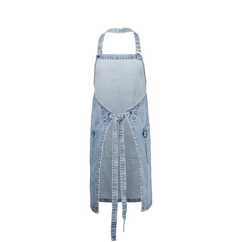Load image into Gallery viewer, Biz Clout Apron features a washed denim look with an adjustable silver buckle neck strap, wide front pocket with a D-ring, and durable self-fabric ties, embodying practical style.