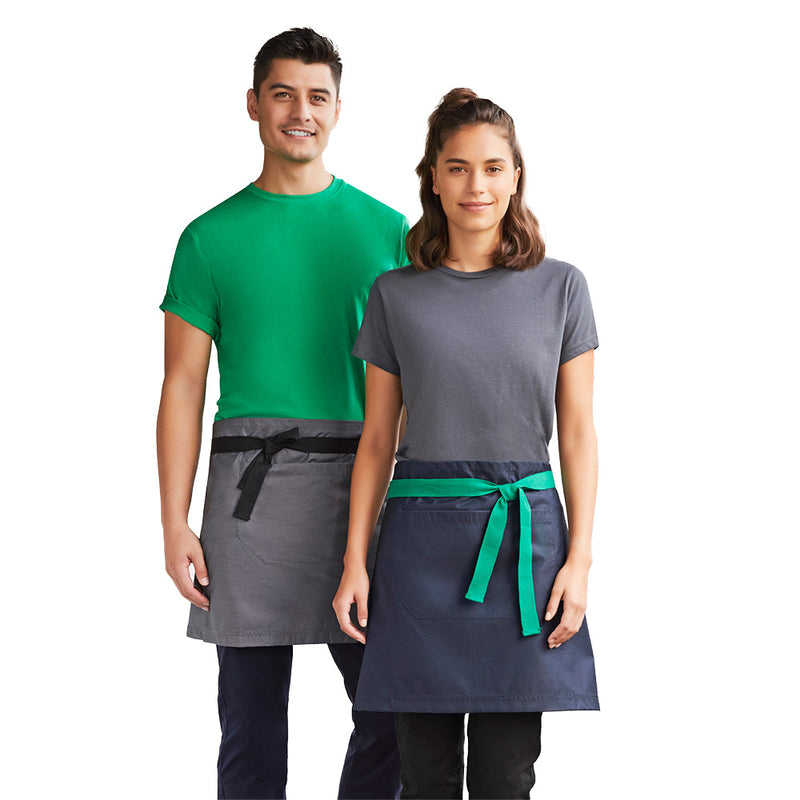 Load image into Gallery viewer, Biz Urban Waist Apron features a durable cotton-polyester blend, removable waist straps, and divided front pocket. Modeled by a man and woman, showcasing its ideal fit for workplace safety and uniform use.