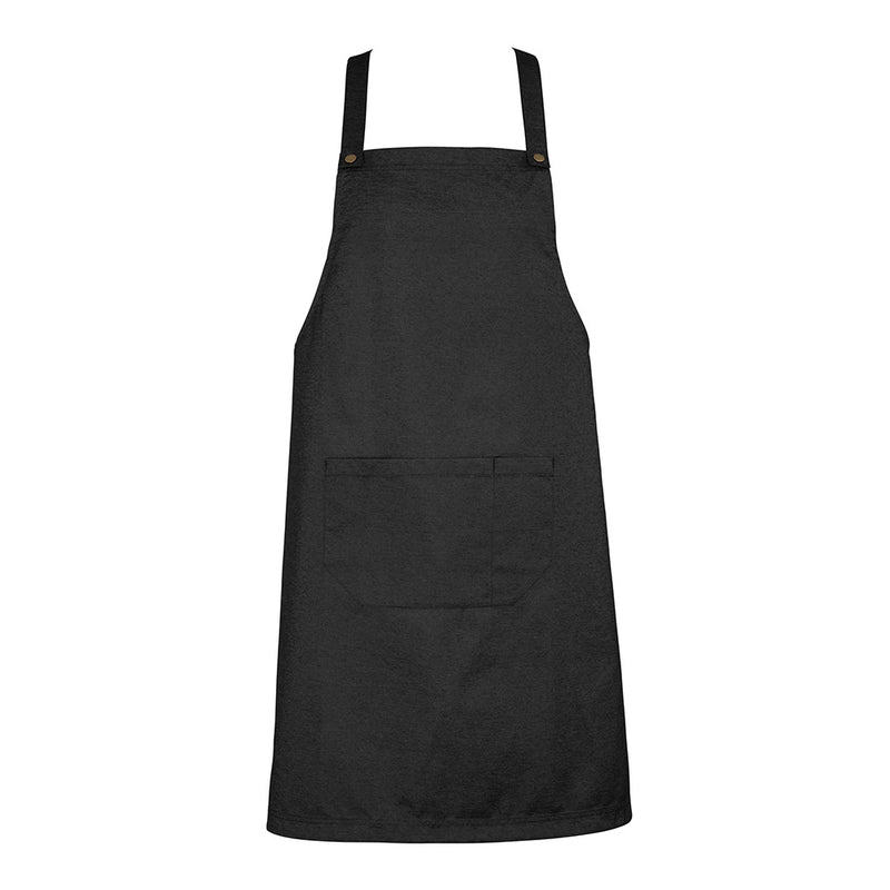 Load image into Gallery viewer, Biz Urban Bib Apron with divided front pocket and removable x-back straps, ideal for workwear. Features reinforced stitching and antique brass fittings, suitable for safety and uniform use.