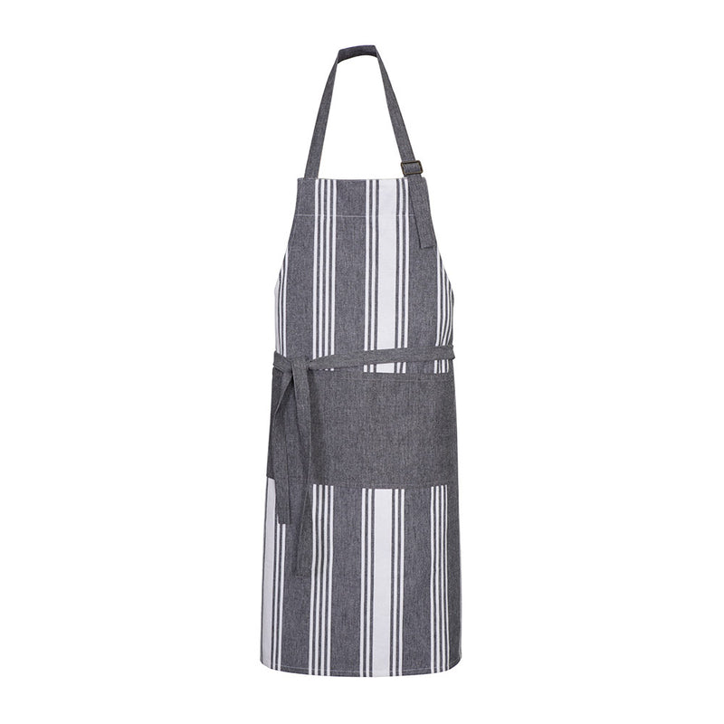 Load image into Gallery viewer, The Biz Salt Apron: Charcoal/White features distinctive 'salt n pepper' chambray stripes, reinforced pocket, and adjustable D-ring neck loop, epitomizing functional style for professionals seeking quality workwear.