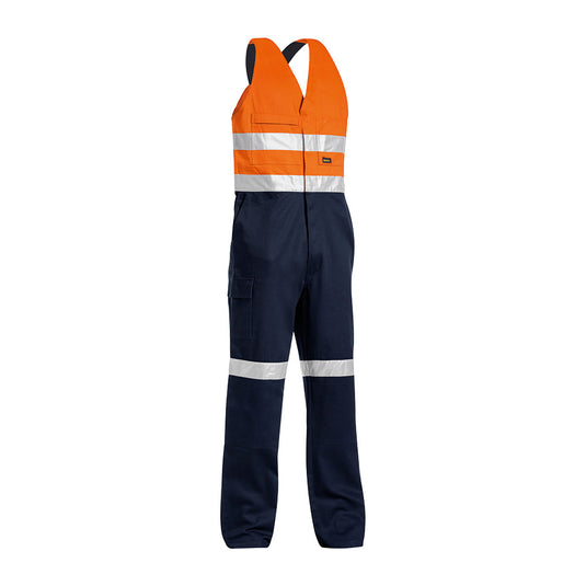 Bisley Hi Vis Taped Action Back Overall showcasing reflective taped hoop pattern, elasticated shoulder straps, multiple pockets, and double-layered knees, ideal for safety-focused work environments.