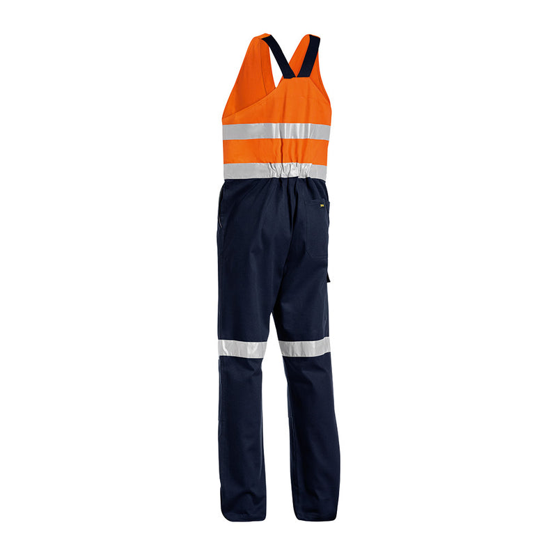 Load image into Gallery viewer, Bisley Hi Vis Taped Action Back Overall with reflective stripes, featuring elasticated shoulder straps, zippered chest pocket, and double-layered knees for durability, ideal for high-visibility work environments.