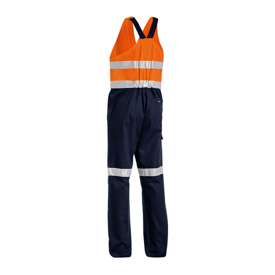 Bisley Hi Vis Taped Action Back Overall with reflective stripes, featuring elasticated shoulder straps, zippered chest pocket, and double-layered knees for durability, ideal for high-visibility work environments.