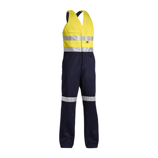 Bisley Hi Vis Taped Action Back Overall featuring reflective stripes, metal press stud front closure, and multiple functional pockets, designed for durability and safety in work environments.
