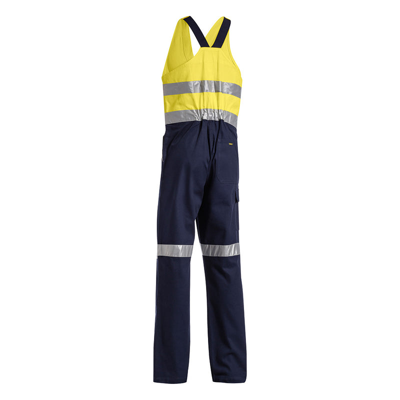 Load image into Gallery viewer, Bisley Hi Vis Taped Action Back Overall featuring reflective stripes, elasticated shoulder straps, zippered chest pocket, and durable double-layered knees, ideal for high-visibility work environments.