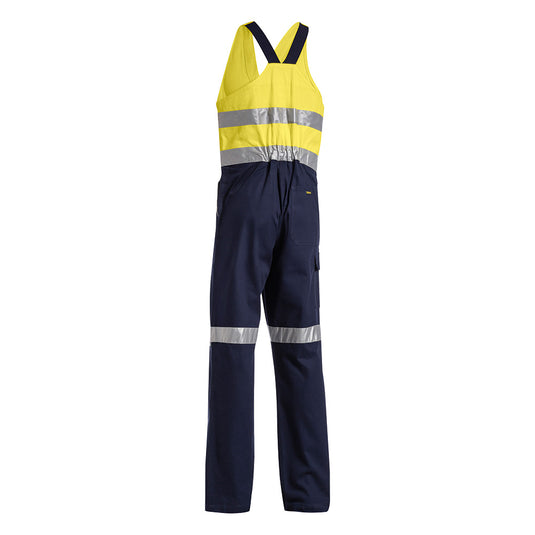 Bisley Hi Vis Taped Action Back Overall featuring reflective stripes, elasticated shoulder straps, zippered chest pocket, and durable double-layered knees, ideal for high-visibility work environments.