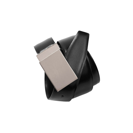 Biz Mens Corporate Belt: Black with a silver satin finish buckle, reversible for black or brown wear, and customizable with laser engraving. Perfect for corporate style, this belt can be adjusted for a precise fit.