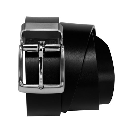 Standard Buckle Belt: Black/Brown, featuring a sleek silver buckle. The belt is reversible, showcasing either black or brown sides, and includes a detachable buckle for customized length adjustments.