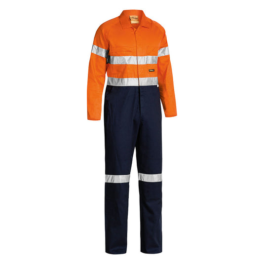 Bisley Hi Vis Taped Lightweight Overalls featuring reflective taped hoop pattern, durable double-layered knees, and multiple functional pockets, designed for safety and practicality in workplace environments.