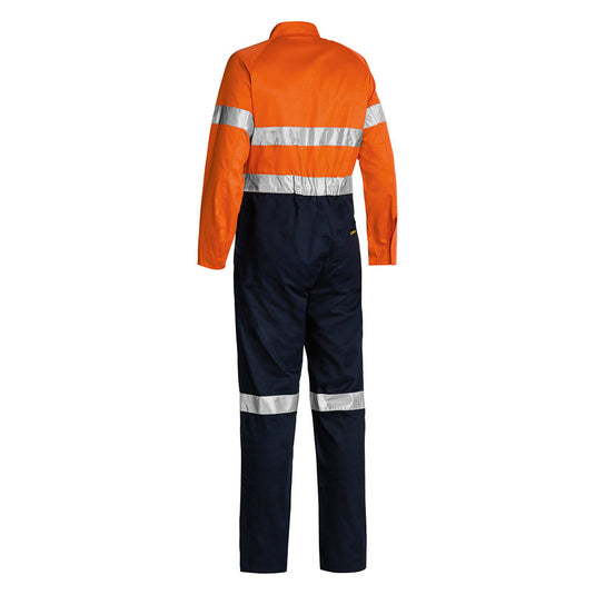 Bisley Hi Vis Taped Lightweight Overalls, showcasing a back view with reflective tape, zippered chest pockets, and durable double-layered knees, ideal for workplace safety and functionality.