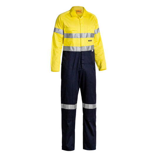 Bisley Hi Vis Taped Lightweight Overalls featuring reflective stripes, chest and side pockets, and double-layered knees, designed for durability and safety at work, ideal for New Zealand's active safety needs.