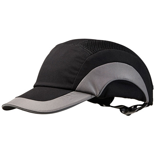 Pro Bump Cap Black/Grey, featuring a modern baseball style with a short peak. It includes a removable bump cap shell, foam padding, and ventilation eyelets, ensuring comfort and safety for workplace use.