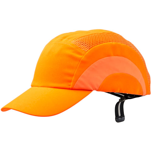 Pro Bump Cap Fluoro Orange featuring a black strap and mesh design for ventilation, adjustable fit, and foam-padded internal protection, ideal for workplace safety and compliance with EN812 standards.