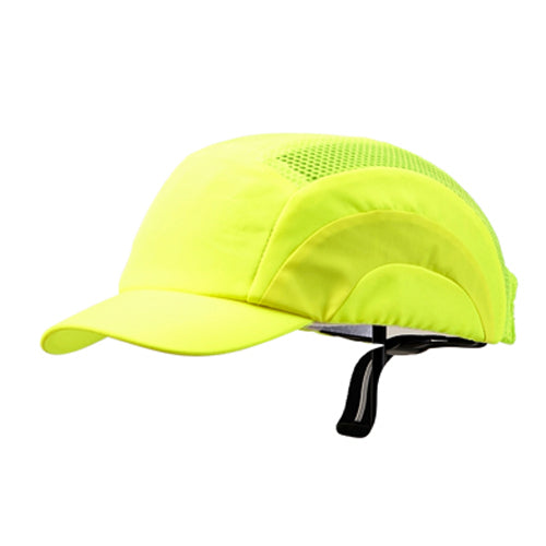 Pro Short Peak Bump Cap: Fluro Yellow, featuring a black adjustable strap for a secure fit, eyelet holes for ventilation, and foam padding for head protection, ideal for workplace safety compliance.