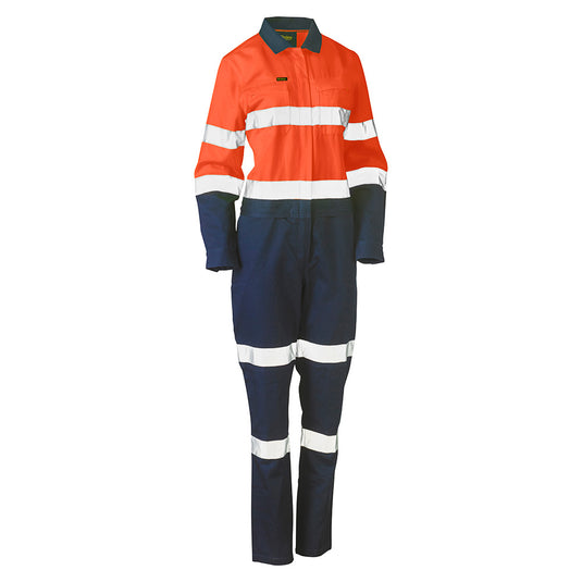 Bisley Women's Hi Vis Taped Cotton Drill Coverall featuring reflective taped hoop pattern, biomotion taping, multi-function pockets, and a drop back waist zip for practicality and durability, ideal for workplace safety.