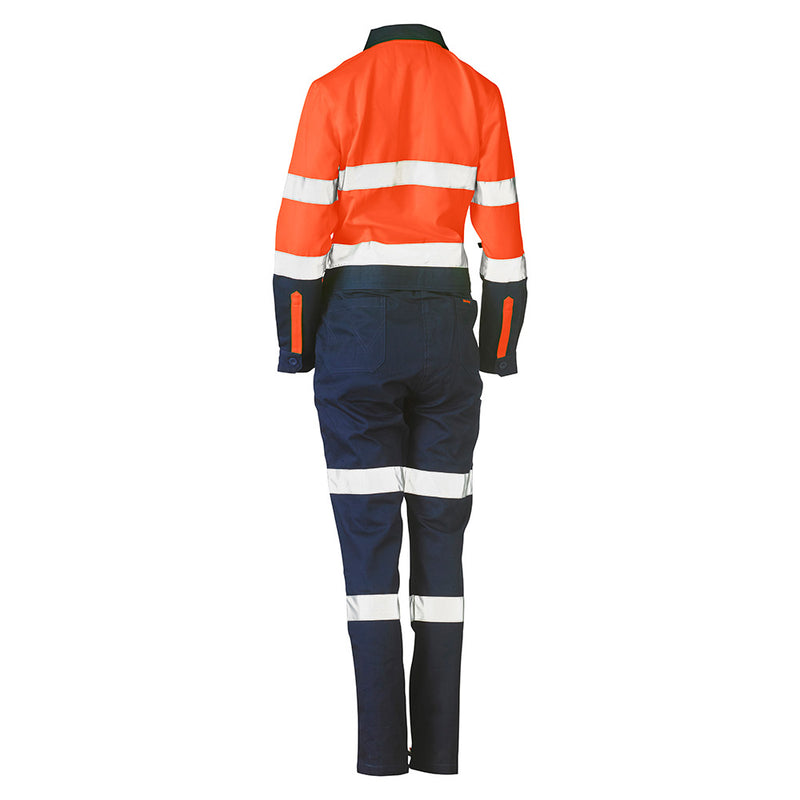 Load image into Gallery viewer, Bisley Women's Hi Vis Taped Cotton Drill Coverall with reflective hoop and biomotion taping, featuring multi-function pockets and a drop back waist zip for convenience, designed for durability and antimicrobial protection.
