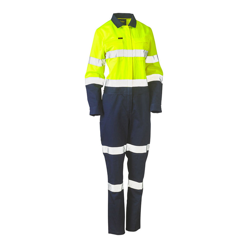 Load image into Gallery viewer, Bisley Women's Hi Vis Taped Cotton Drill Coverall with reflective hoop and biomotion taping, multi-function pockets, and double-layered knees for durability, featuring a drop back waist zip for easy access.