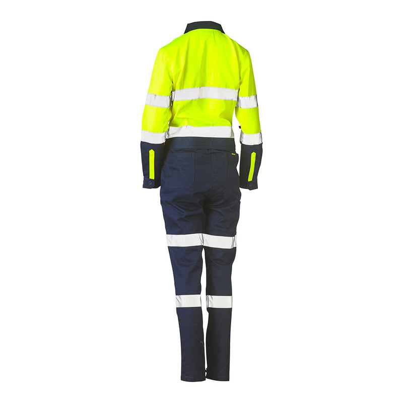 Load image into Gallery viewer, Bisley Women's Hi Vis Taped Cotton Drill Coverall featuring reflective hoop pattern, biomotion taping, and multi-function pockets. Designed with a drop back waist zip, double layer knee, and antimicrobial treatment for durability and hygiene.