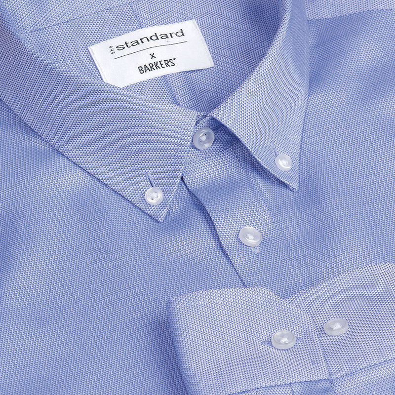 Load image into Gallery viewer, Barkers Mens Clifton Long Sleeve Shirt, French Blue, showcases a button-down fashion collar, single breast pocket, and mitred cuffs. Features include stain resistance, wrinkle-free fabric, and contrast stitching, emphasizing durability and style.