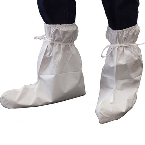 Sureshield Microporous Boot Covers Pack/50 Pairs, showcasing white boot covers with elasticated ankles and ties, designed to keep work areas clean by covering boots, ideal for safety-conscious workplaces.