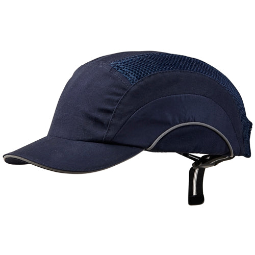 Pro Bump Cap Short Peak Navy, a modern baseball-style cap with mesh lining, featuring a short peak and eyelet holes for ventilation. It's adjustable for all sizes, ideal for workplace safety.