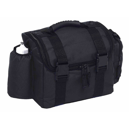 Cool Shuttle Cooler Bag featuring an insulated bottle pocket and main compartment, highlighted by oversized zippers and quick release buckles. Includes a moulded rubber handle and adjustable shoulder strap for convenience.