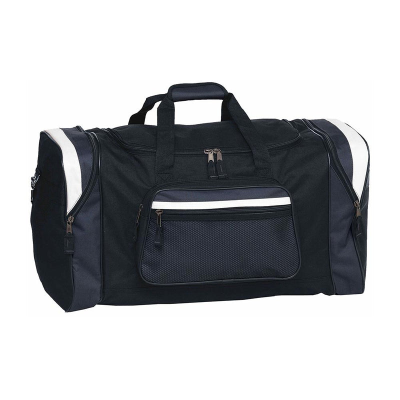 Load image into Gallery viewer, Contrast Gear Sports Bag showcasing a spacious black duffel design, featuring dual carry handles with padded grip, zippered side and front compartments, and a detachable shoulder strap, ideal for travel or gym.