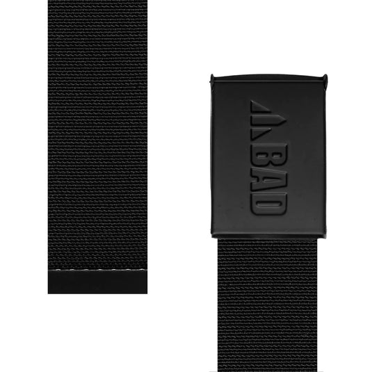BAD Stretch Canvas Work Belt featuring a black strap with an adjustable metal buckle, designed for comfort with durable canvas material. Ideal for active work environments.