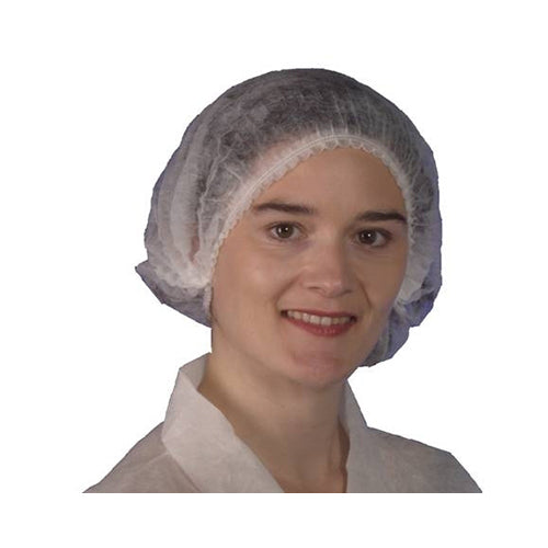 Disposable Hair Nets Carton/1000 showcased by a woman wearing one, highlighting its secure fit. Ideal for industries like food processing and medical. A staple from Active Safety’s workplace supplies collection.
