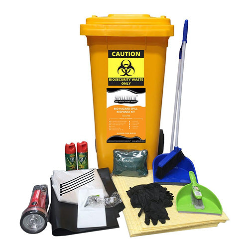 SpillTech Bio Hazard Kit 120L features a yellow bin with cleaning supplies, including gloves, a dustpan, a broom, a torch, and safety specs, ideal for business container unloading requirements.