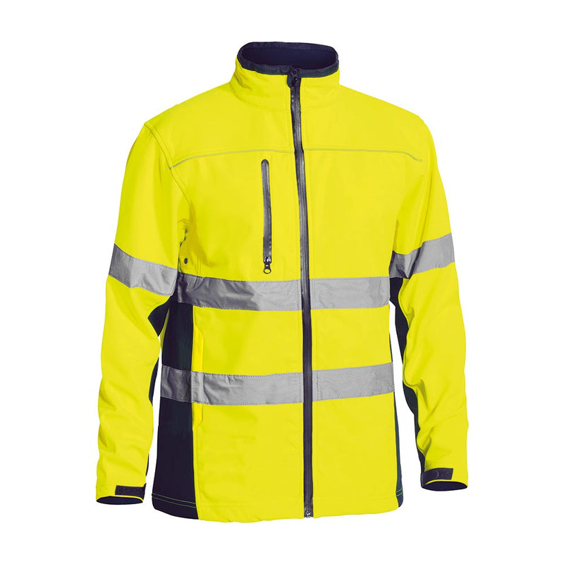 Load image into Gallery viewer, Bisley Hi Vis Taped Soft Shell Jacket with neon yellow shell, features reflective bands, full-length zipper, vertical chest pocket, adjustable cuffs, and stand-up collar, ideal for enhanced visibility in safety environments.