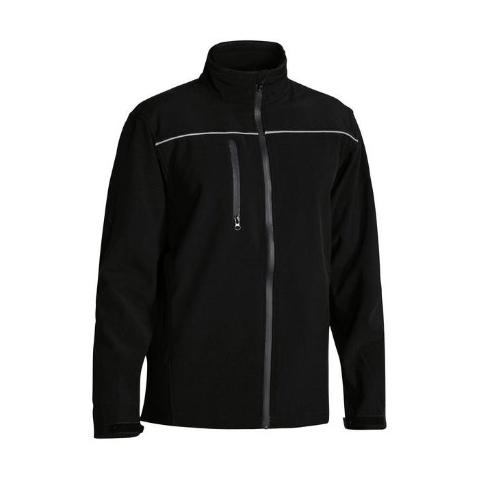 Load image into Gallery viewer, Bisley Soft Shell Jacket featuring a zipper front, hood, and reflective piping, with waterproof pockets and adjustable cuffs, designed for safety and comfort, ideal for active workplace environments.