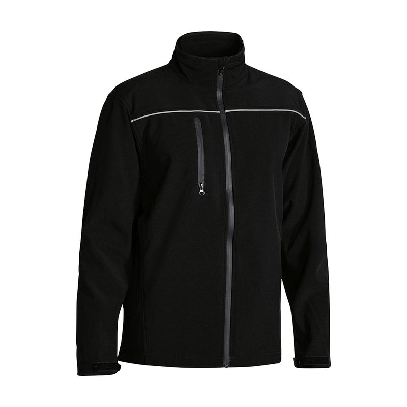 Load image into Gallery viewer, Bisley Soft Shell Jacket with waterproof zippers, reflective piping, and chest pocket. Features a full-length zipper, stand-up collar, and Velcro cuffs, emphasizing functionality and safety for active environments.