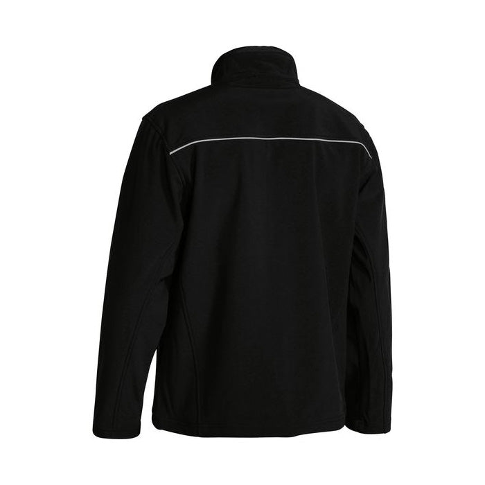 Load image into Gallery viewer, Bisley Soft Shell Jacket with reflective piping, white stripe detail, adjustable cuffs, and waterproof zippers, designed for safety and functionality in active work environments.