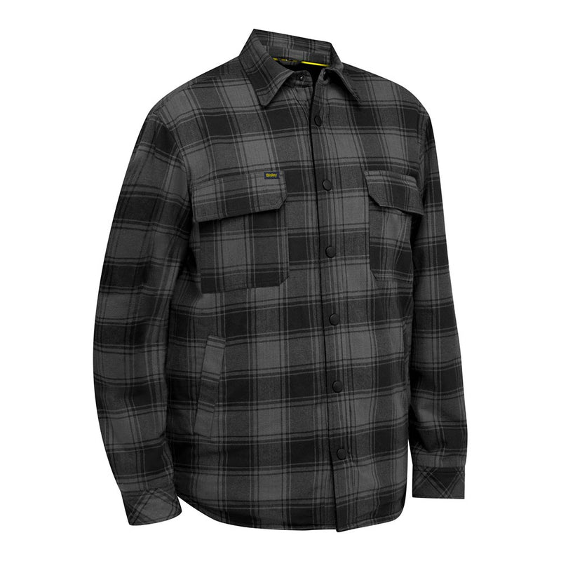 Load image into Gallery viewer, Bisley Check Flannel Shacket with Sherpa Lining, featuring a heavy plaid design, snap front buttons, two chest flap pockets, and side hand pockets, ideal for warmth and functionality in safety environments.