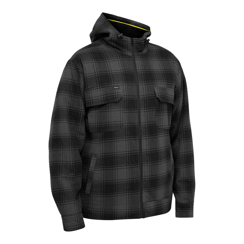 Load image into Gallery viewer, Bisley Zip Hoodie with Sherpa Lining features a black-and-dark-gray plaid design, zip-front closure, two chest pockets, and hand-warmer pockets. The hood has a contrasting yellow trim and sherpa lining for warmth.