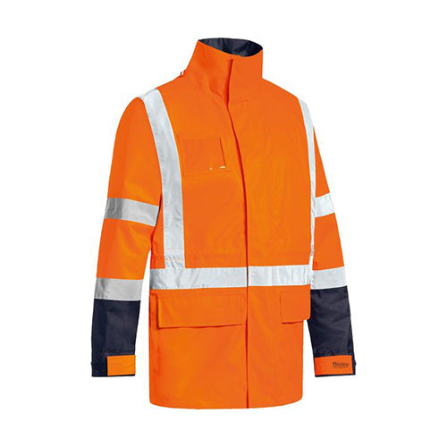 Bisley TTMC-W17 5-in-1 Rain Jacket showcasing high-visibility design with white stripes, reflective H pattern, and detachable features, ideal for safety in outdoor work environments.