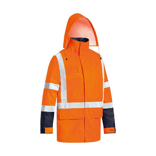 Bisley TTMC-W17 5-in-1 Rain Jacket featuring a hood, reflective H pattern, and detachable sleeves, ideal for high-visibility workwear. Perfect for wet conditions with its waterproof and breathable design.