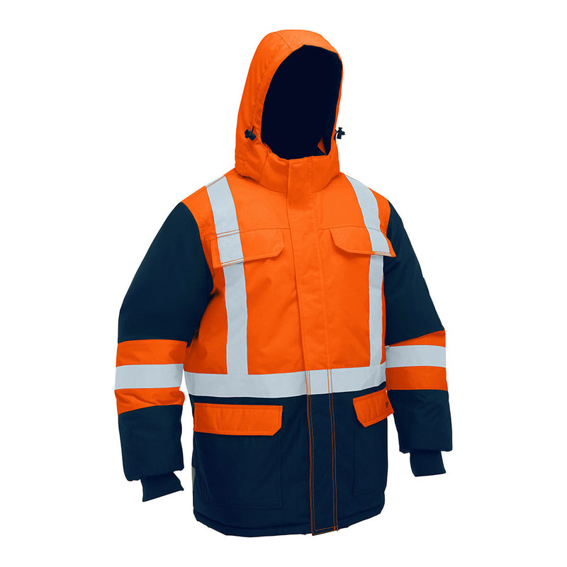 Load image into Gallery viewer, Bisley Hi Vis Taped Hooded Freezer Jacket featuring bright orange with navy accents, reflective stripes, detachable hood, sealed seams, and multiple pockets, designed for extreme cold and high visibility safety.