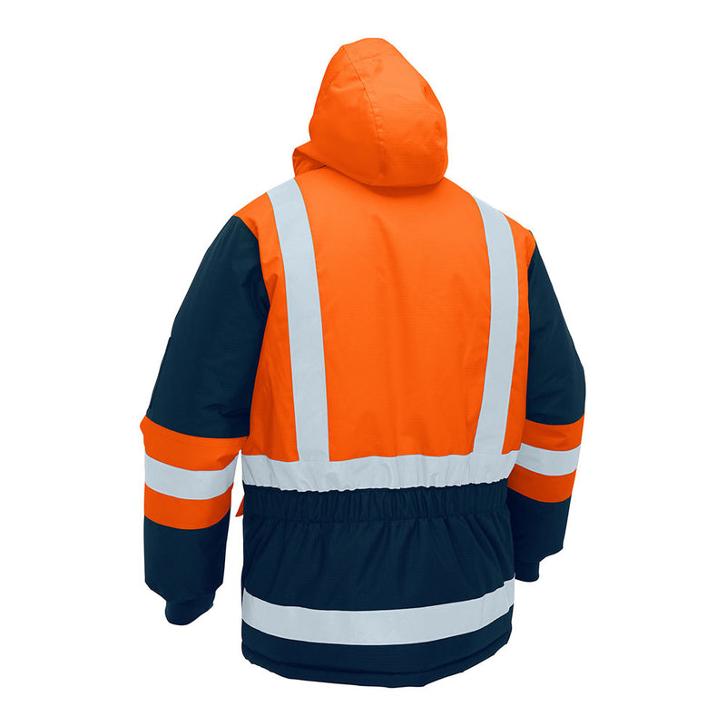 Load image into Gallery viewer, Bisley Hi Vis Taped Hooded Freezer Jacket, featuring bright orange and navy panels, reflective striping, an attached hood, and elasticized waist, designed for extreme cold with eco-friendly insulation and waterproofing.