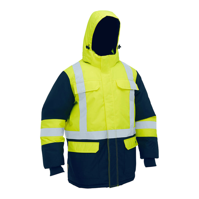 Load image into Gallery viewer, Bisley Hi Vis Taped Hooded Freezer Jacket featuring reflective striping, detachable hood, and flap pockets, designed for extreme cold with sustainable Sorona® Aura insulation and waterproof up to 10,000mm.