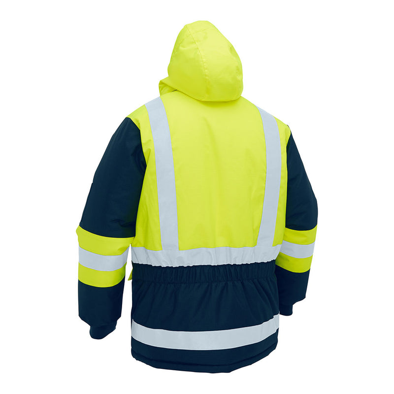 Load image into Gallery viewer, Bisley Hi Vis Taped Hooded Freezer Jacket, showcasing a fluorescent, reflective design with an H pattern and detachable hood, ideal for extreme cold with its sustainable insulation and waterproof features.