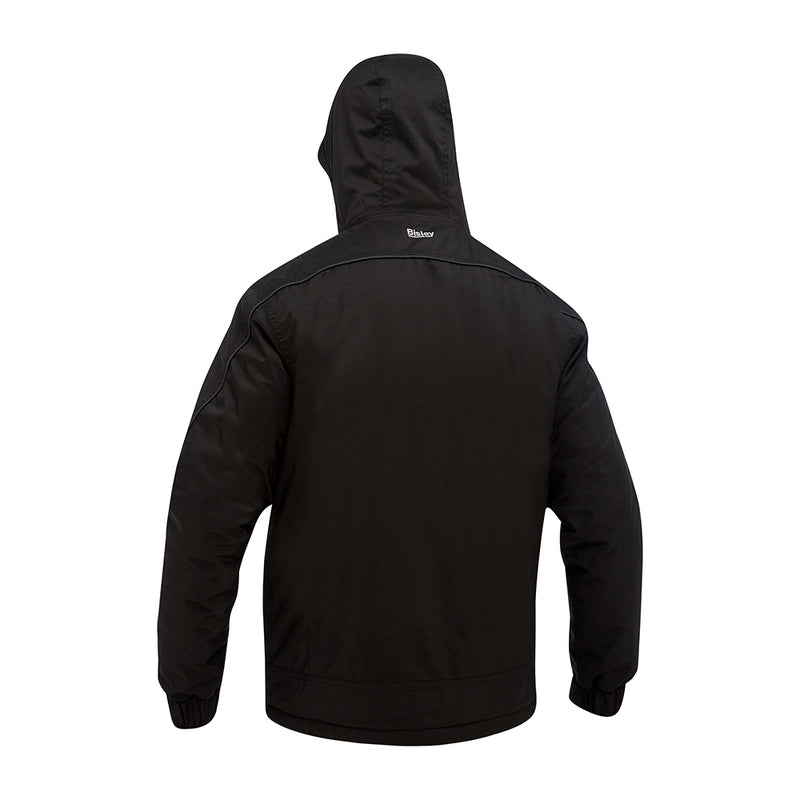 Load image into Gallery viewer, Bisley Heated Waterproof Hooded Jacket featuring a durable hood, seam-sealed construction, and zip pockets, ideal for safety and workwear needs, seen in a close-up of its design and functionality.
